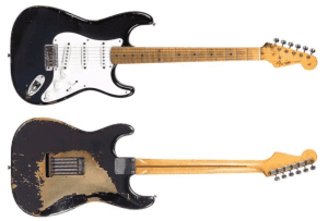 Photo of the front and back of Eric Clapton's Blackie guitar.